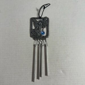 Vintage Metal Wind Chime Flying Angel Blue Gem Size 9” Long